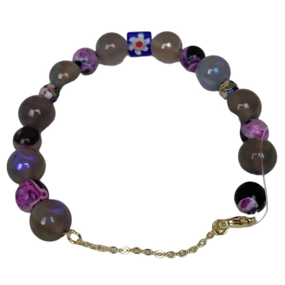 Gray Plating Moonstone Beads  Natural Stone Onyx Beads Fuchsia  Black Fire Veins - Picture 4 of 4